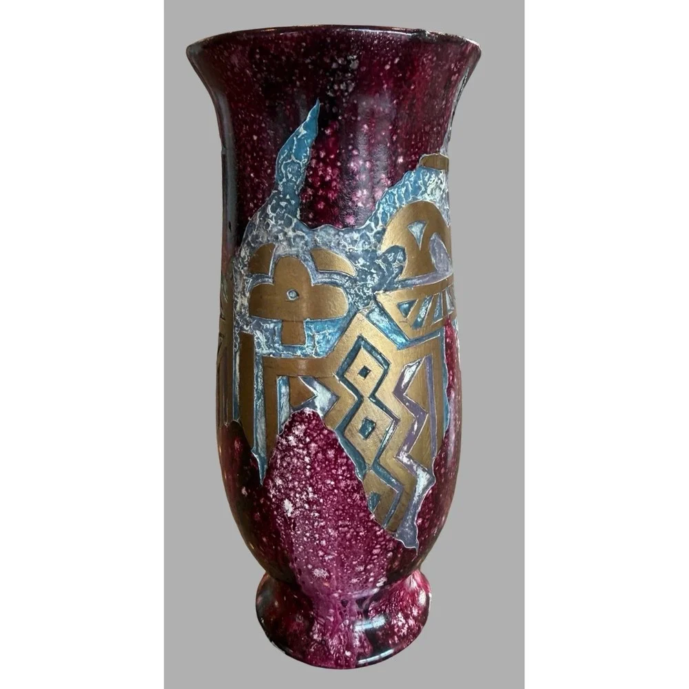 Vintage Art Pottery Vase Burgundy Blue‎ Bronze Abstract Relief 9